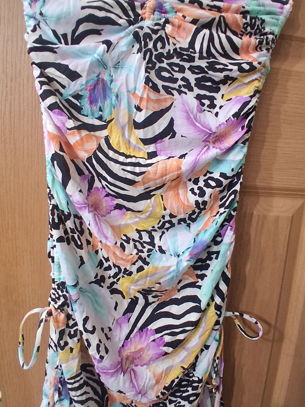 Luli Fama Vibrant Floral Zebra-Print Drawstring Bodycon Dress/Coverup XS